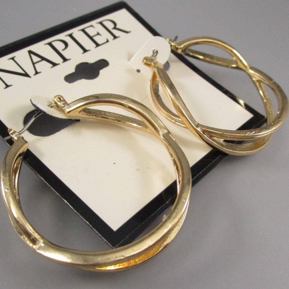NAPIER Contemporary Gold Smooth & Ribbed Texture Criss Cross 1.5" Hoop Earrings